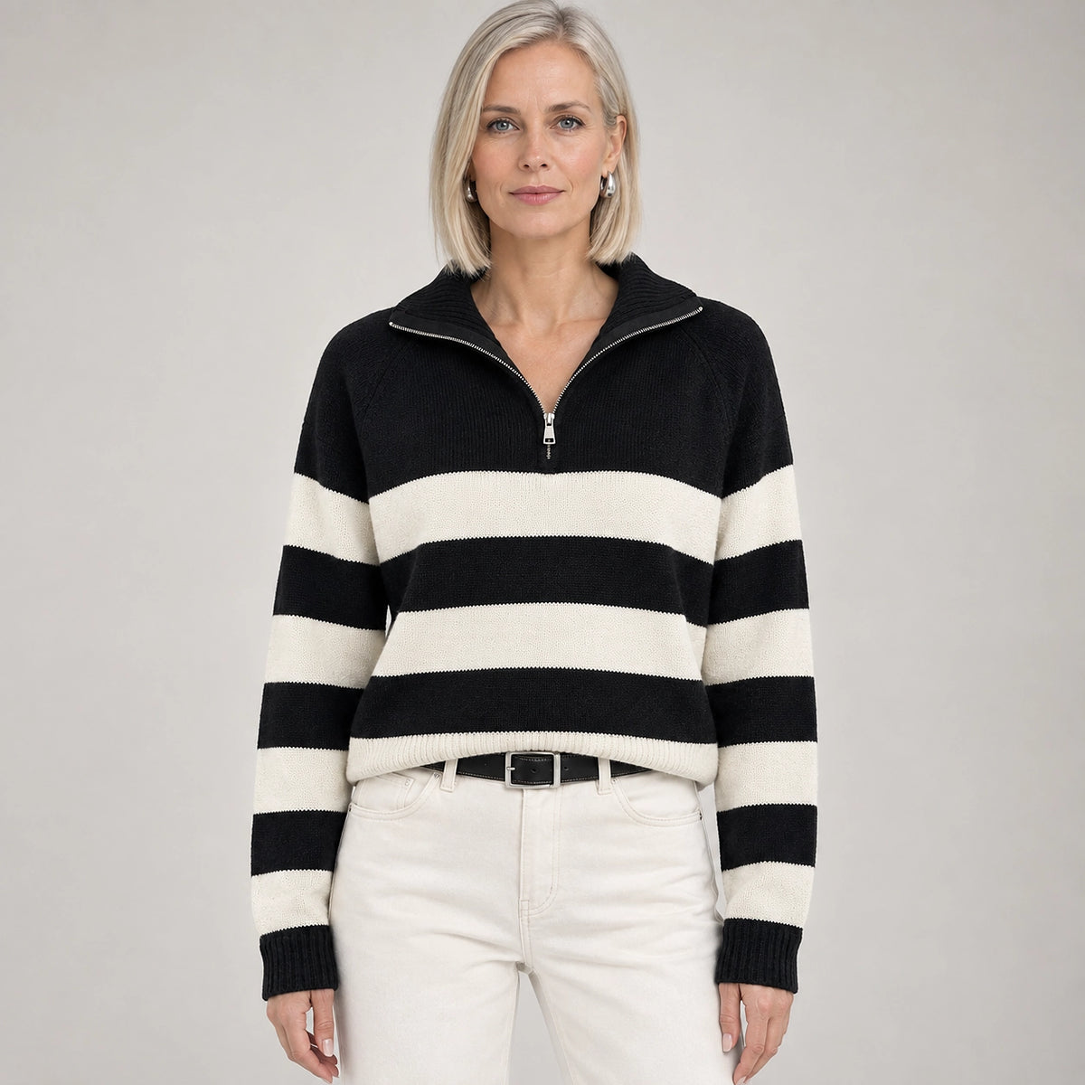 Delrow Striped Half-Zip Sweater — Black Stripes (apparel front)