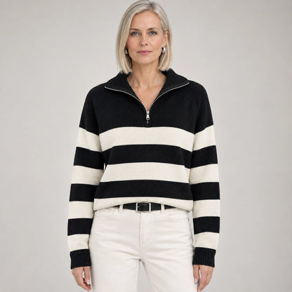 Delrow Striped Half-Zip Sweater — Black Stripes (apparel front)