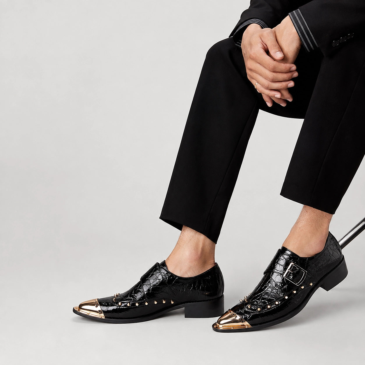 Brixton Leather Monk Strap Loafers — Black (studio with model)