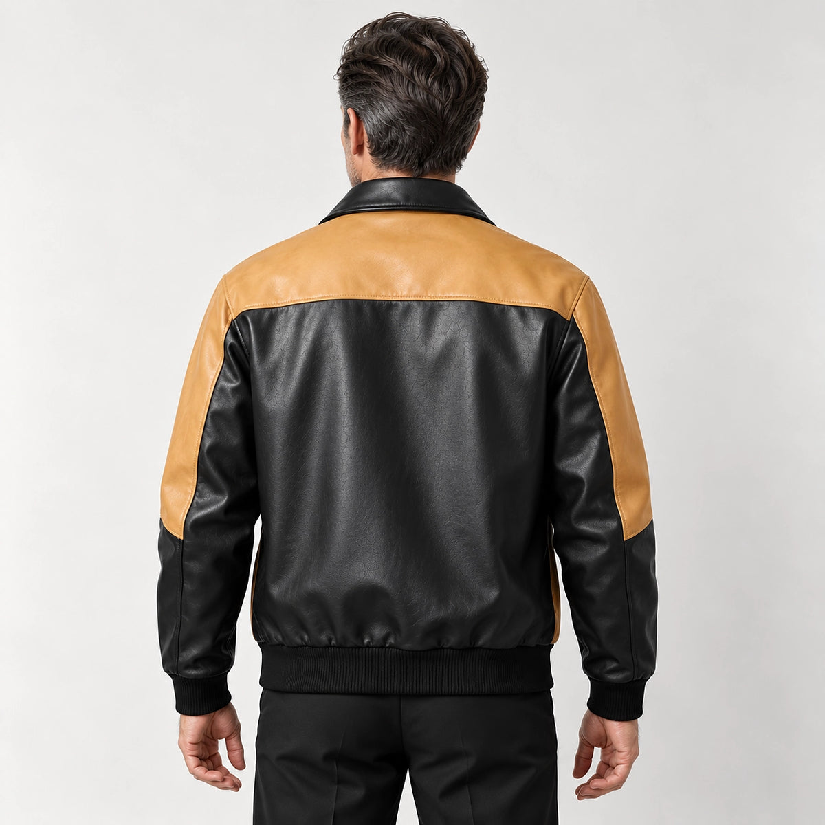 Dahven Leather Bomber Jacket — Black & Tan (apparel back)