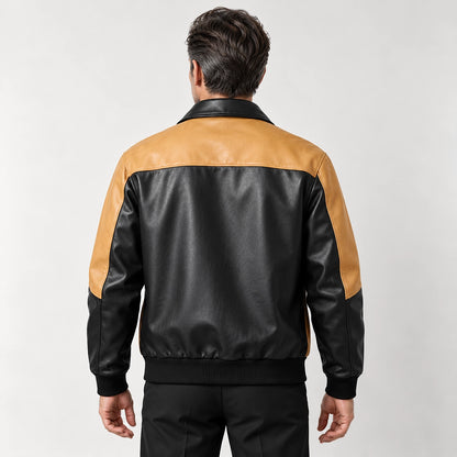 Dahven Leather Bomber Jacket — Black & Tan (apparel back)