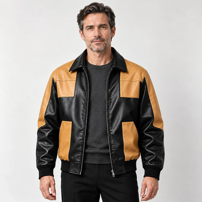 Dahven Leather Bomber Jacket — Black & Tan (apparel front)