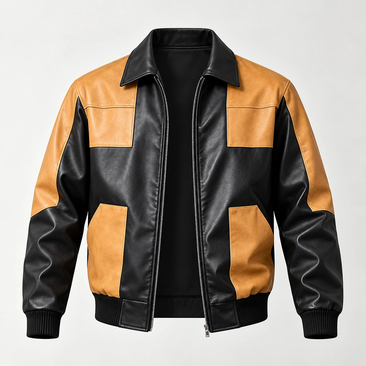 Dahven Leather Bomber Jacket — Black & Tan (apparel solo)