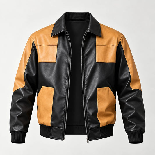 Dahven Leather Bomber Jacket — Black & Tan (apparel solo)