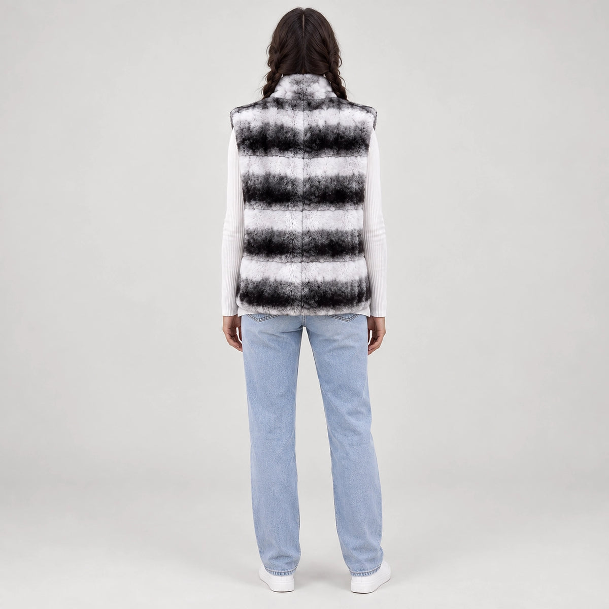 Belara Striped Faux Fur Vest — Black & White (apparel back)