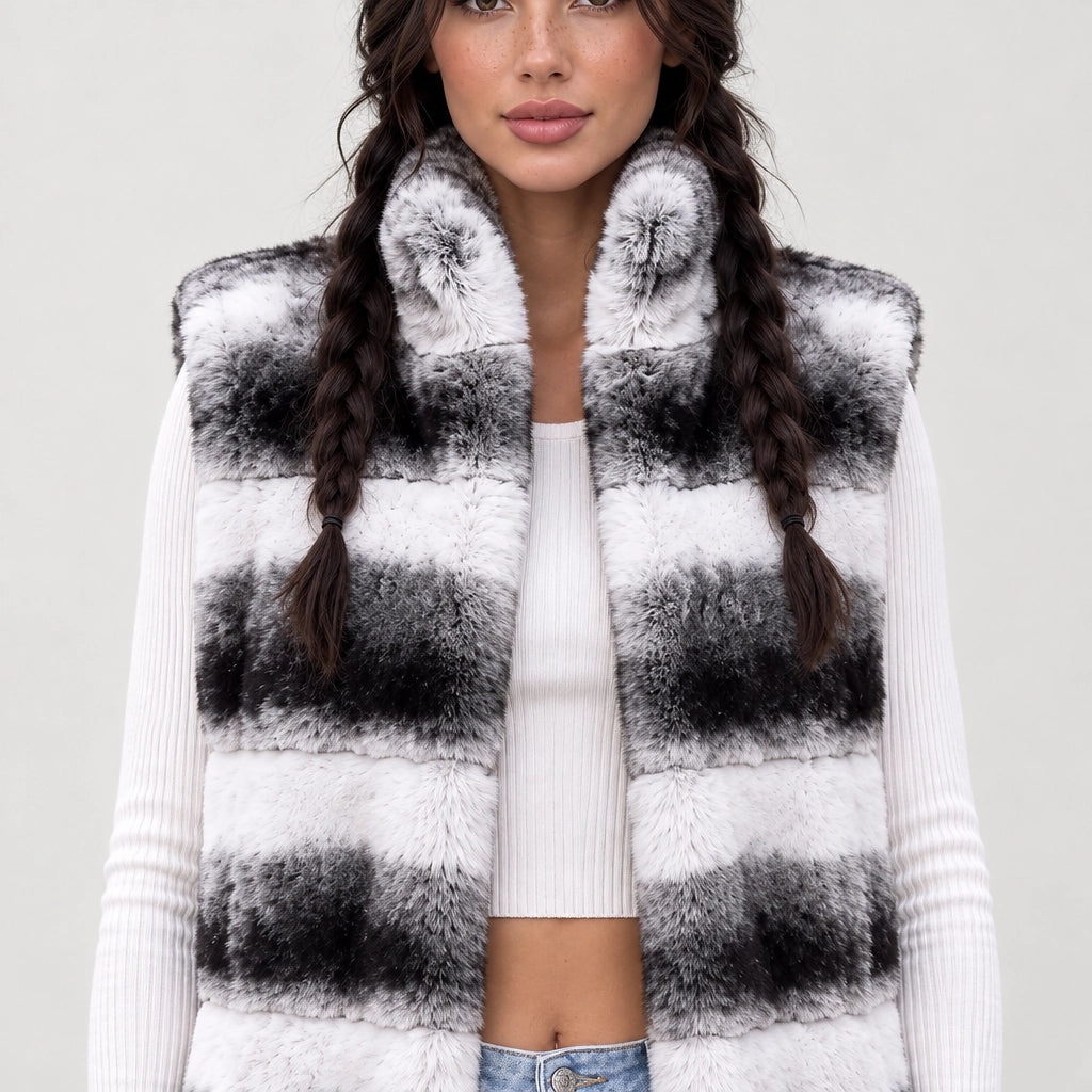 Belara Striped Faux Fur Vest — Black & White (apparel detail)