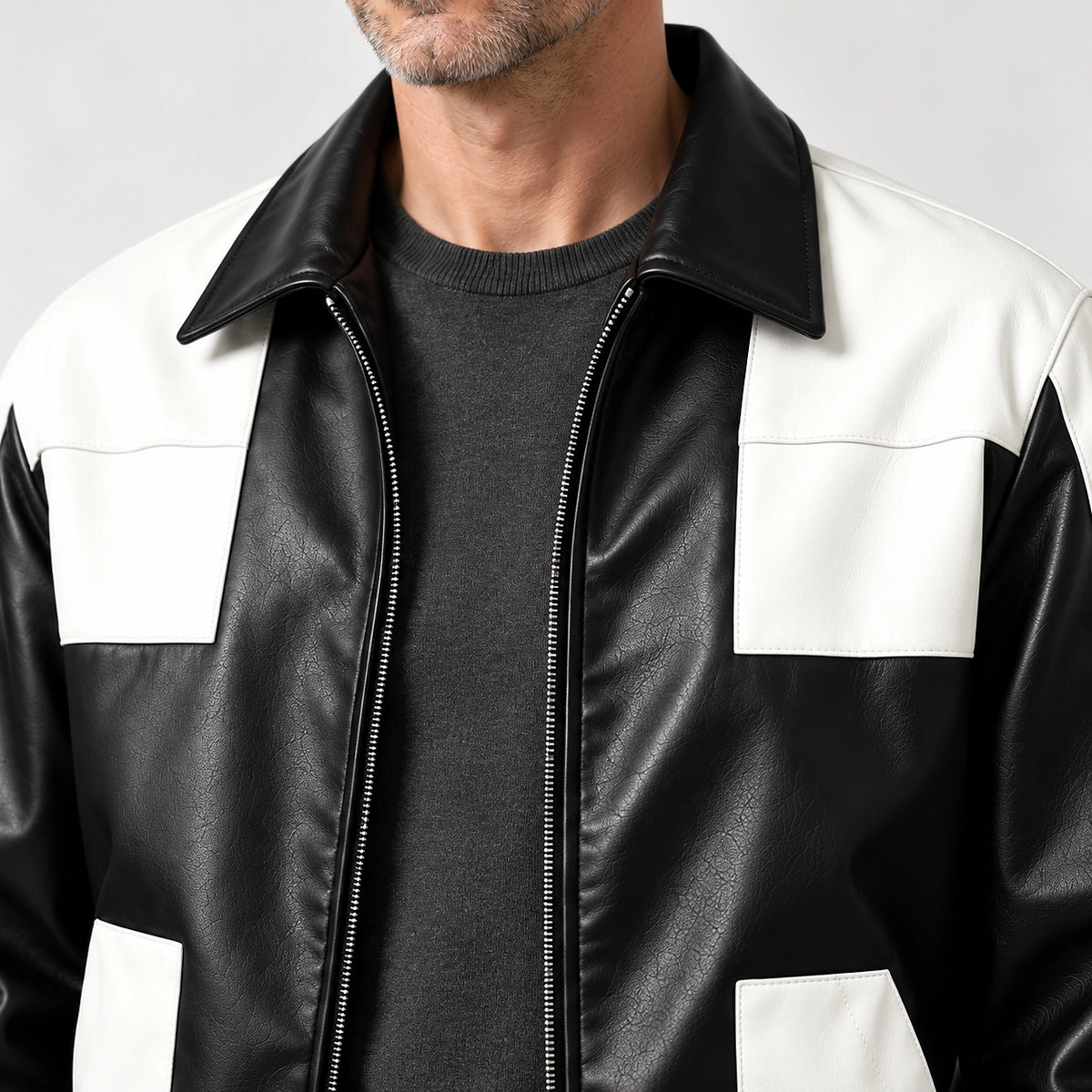 Dahven Leather Bomber Jacket — Black & White (apparel detail)