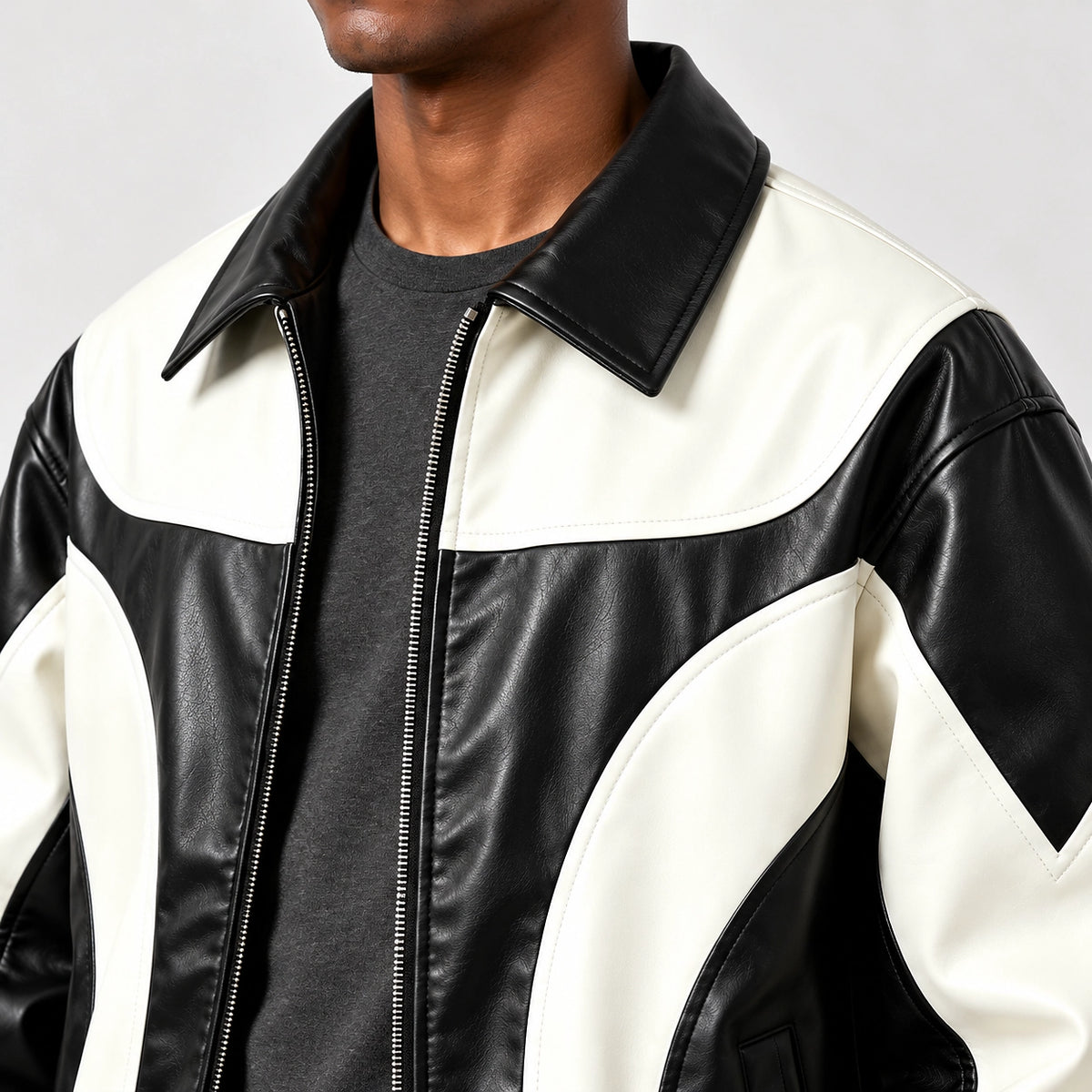 Dovek Leather Bomber Jacket — Black & White (apparel detail)