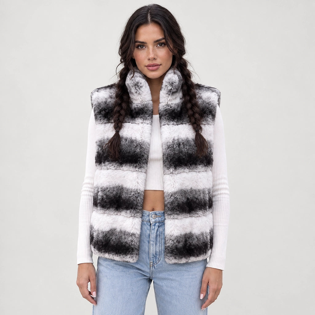 Belara Striped Faux Fur Vest — Black & White (apparel front)