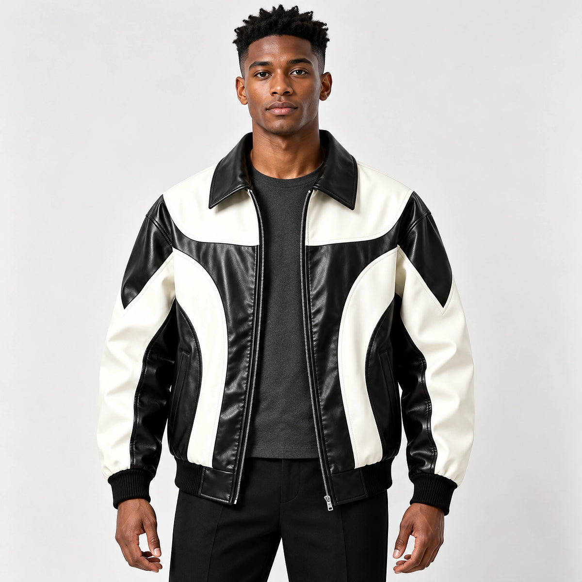 Dovek Leather Bomber Jacket — Black & White (apparel front)