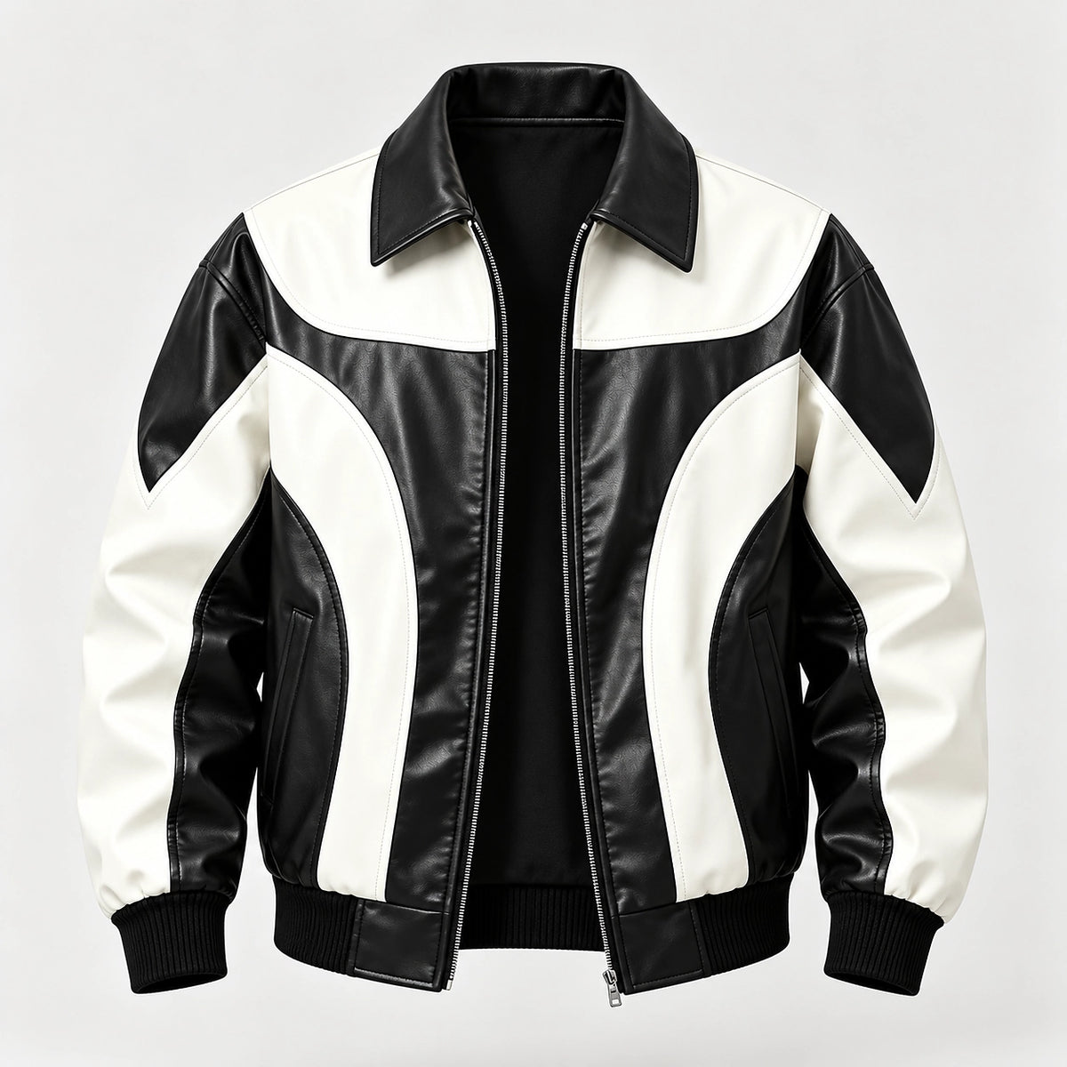 Dovek Leather Bomber Jacket — Black & White (apparel solo)