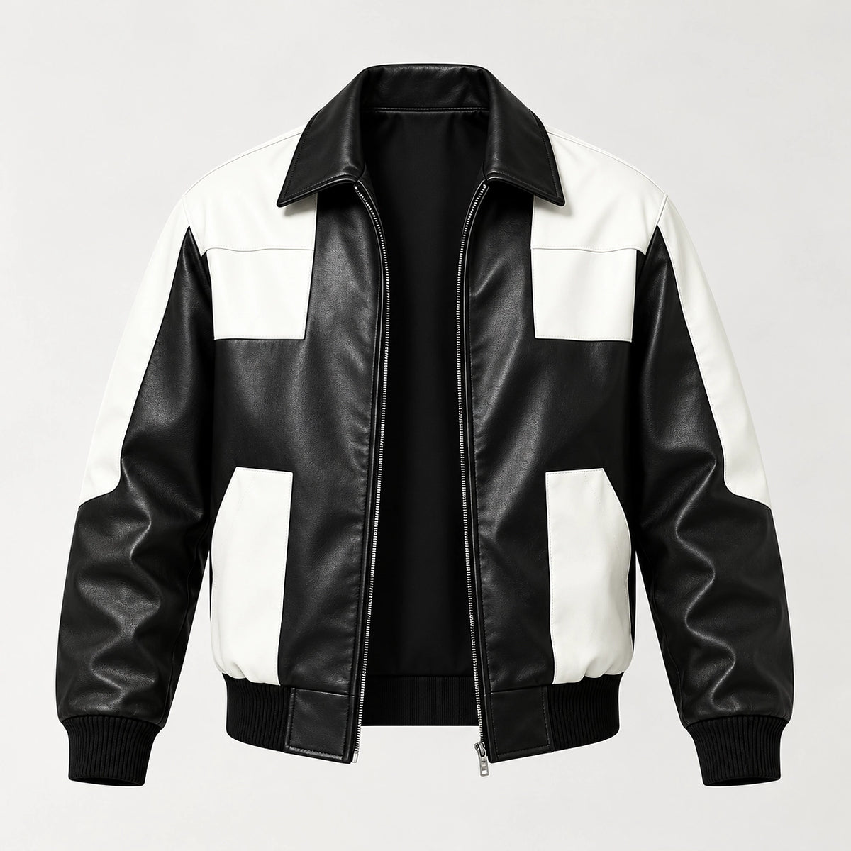 Dahven Leather Bomber Jacket — Black & White (apparel solo)