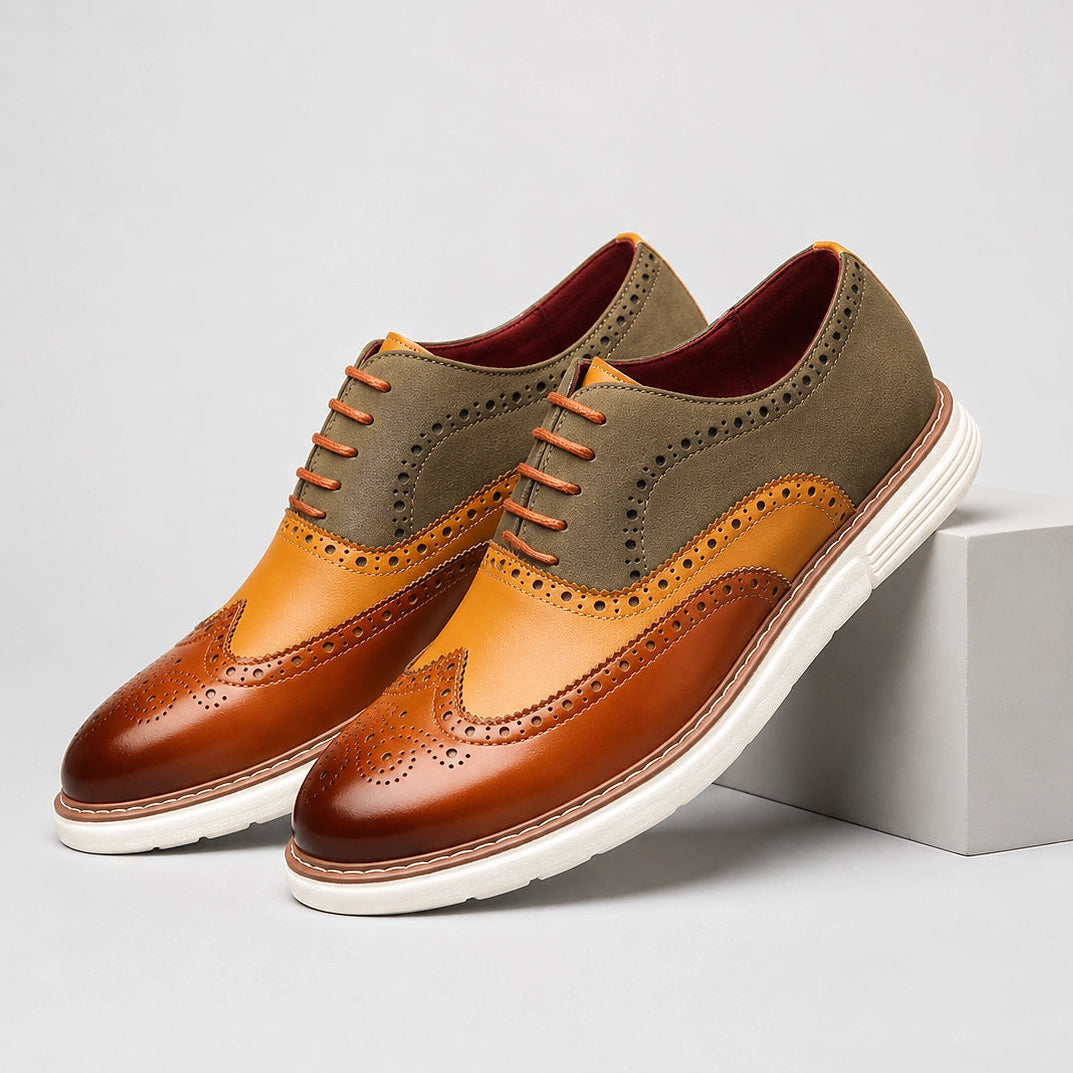 Delvoro Leather Wingtip Oxford — Black & White (mens shoe pedestal)