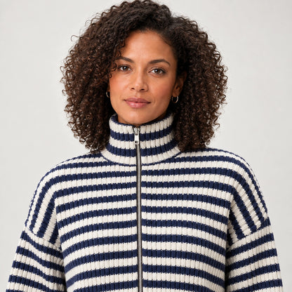 Breval Ribbed Zip Sweater — Black & White Stripe (apparel detail)