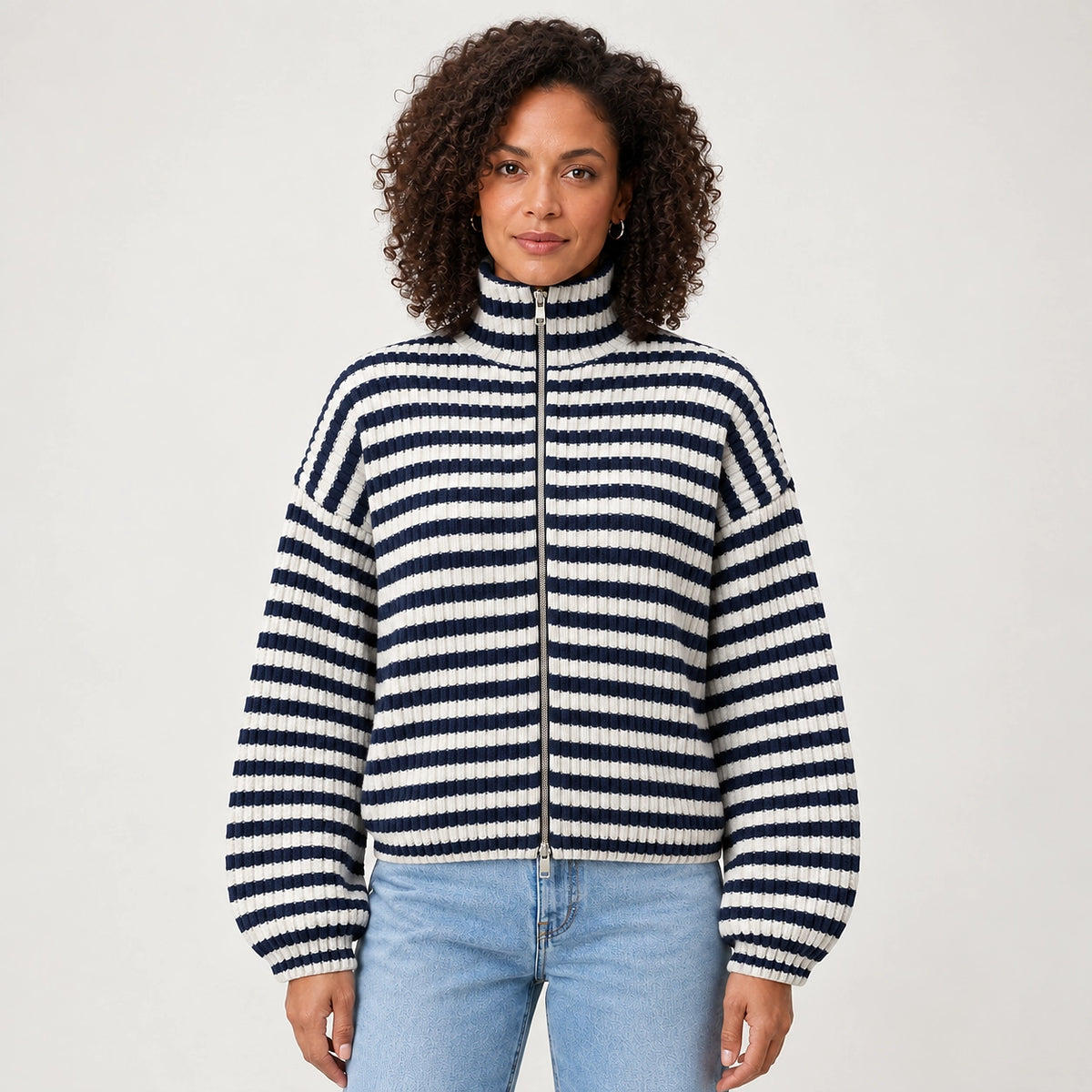 Breval Ribbed Zip Sweater — Black & White Stripe (apparel front)