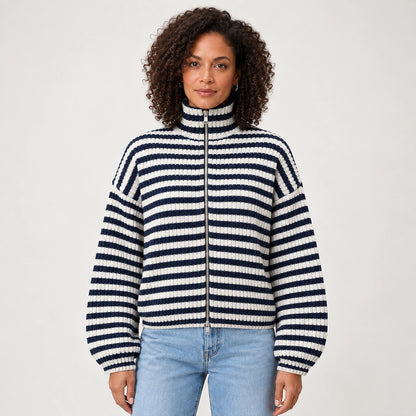 Breval Ribbed Zip Sweater — Black & White Stripe (apparel front)