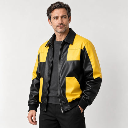 Dahven Leather Bomber Jacket — Black & Yellow (apparel angle)