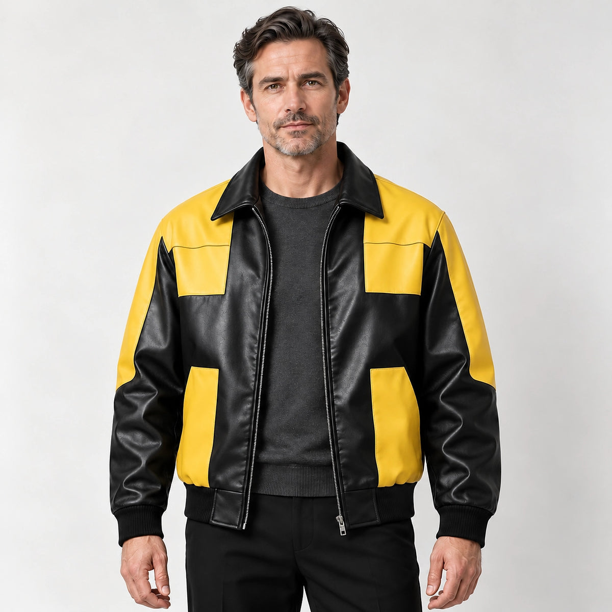 Dahven Leather Bomber Jacket — Black & Yellow (apparel front)