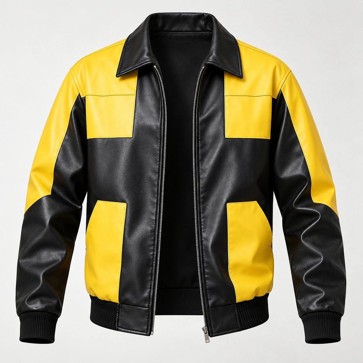 Dahven Leather Bomber Jacket — Black & Yellow (apparel solo)