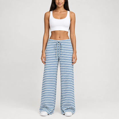 Delwyn Ribbed Drawstring Pants — Blue And White Stripes (apparel front)