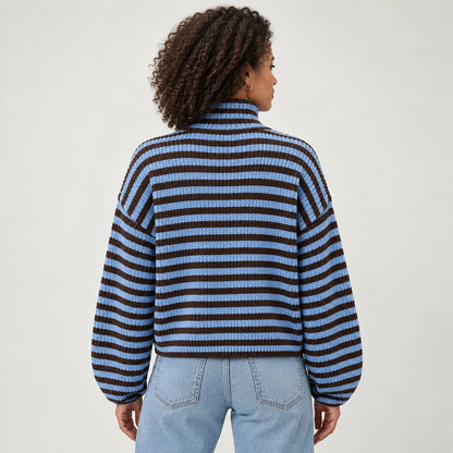 Breval Ribbed Zip Sweater — Blue & Brown Stripe (apparel back)