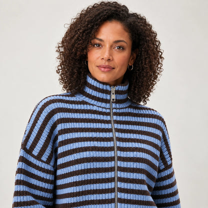 Breval Ribbed Zip Sweater — Blue & Brown Stripe (apparel detail)
