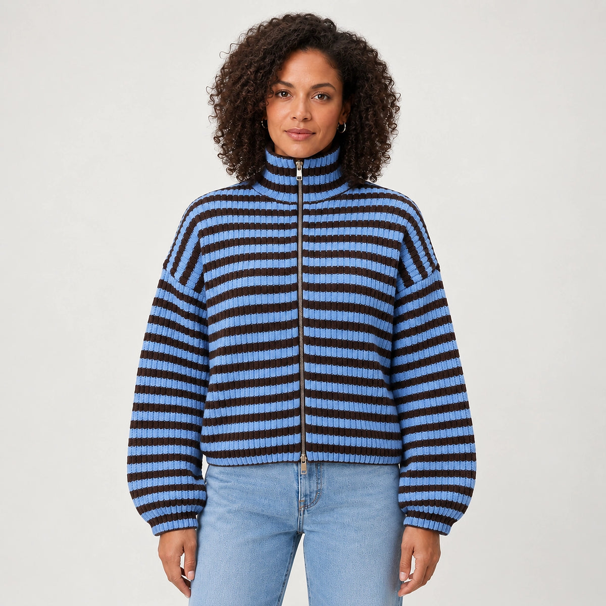 Breval Ribbed Zip Sweater — Blue & Brown Stripe (apparel front)