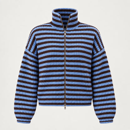 Breval Ribbed Zip Sweater — Blue & Brown Stripe (apparel solo)