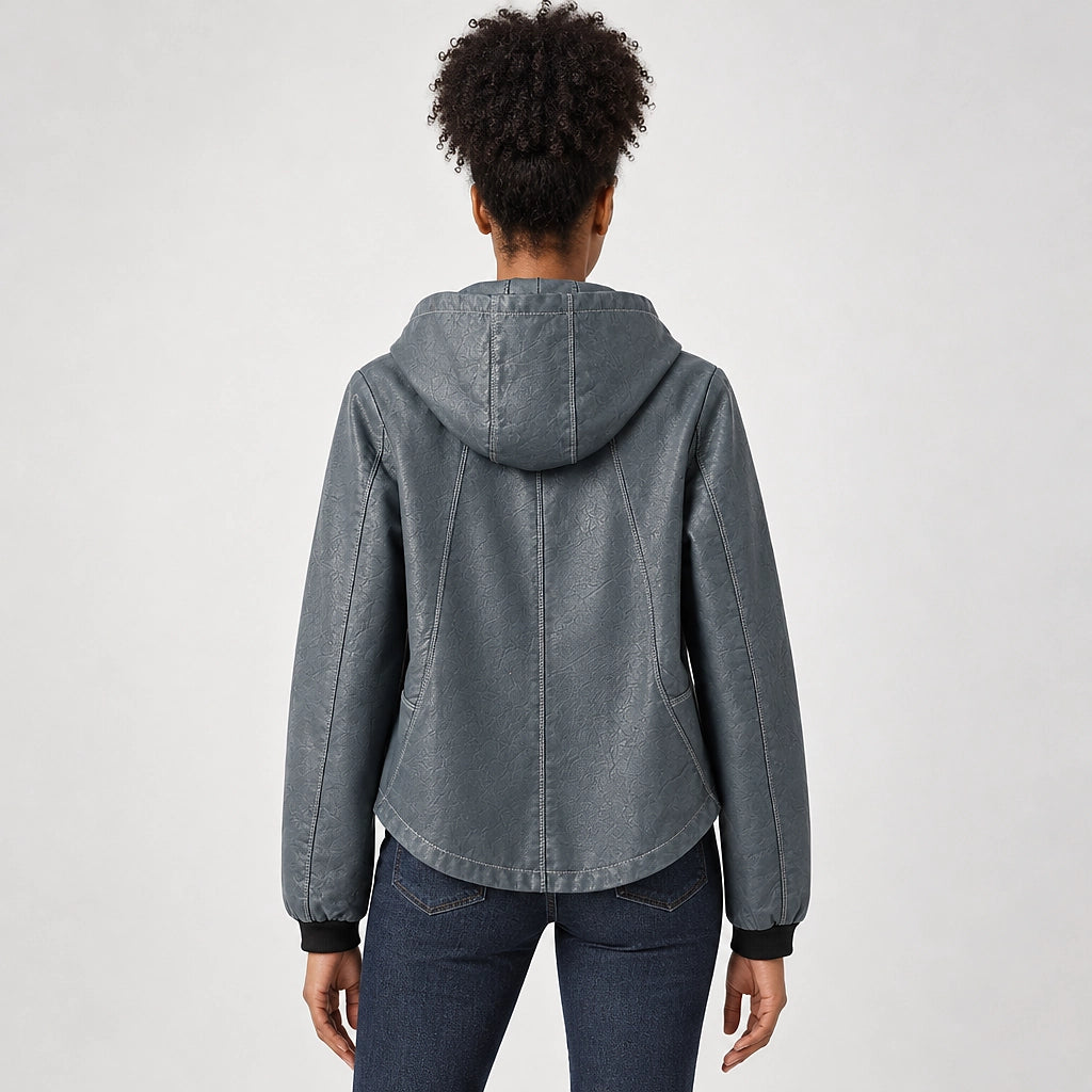Brynn Leather Hooded Jacket — Blue Gray (apparel back)