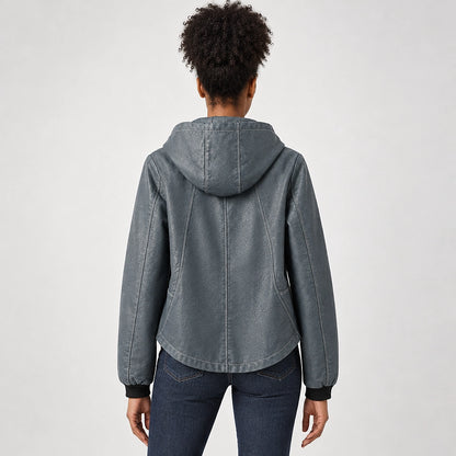 Brynn Leather Hooded Jacket — Blue Gray (apparel back)