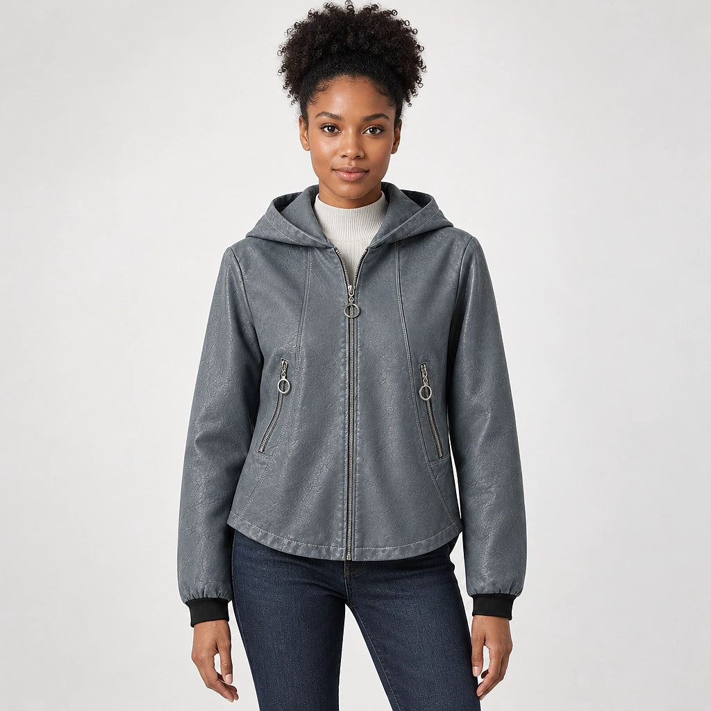 Brynn Leather Hooded Jacket — Blue Gray (apparel front)