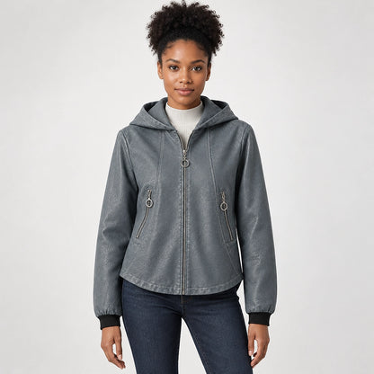 Brynn Leather Hooded Jacket — Blue Gray (apparel front)