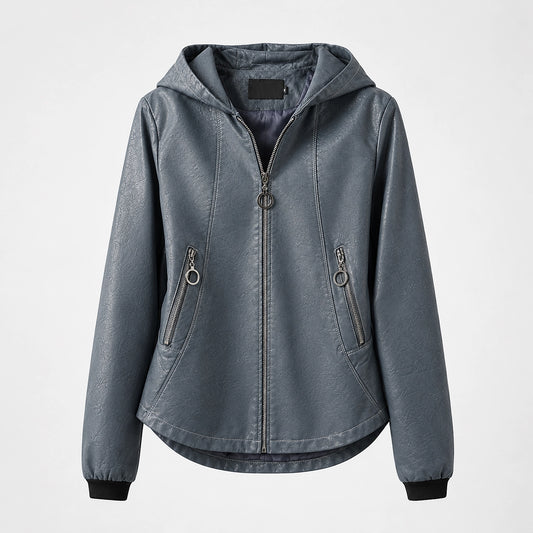 Brynn Leather Hooded Jacket — Blue Gray (apparel solo)