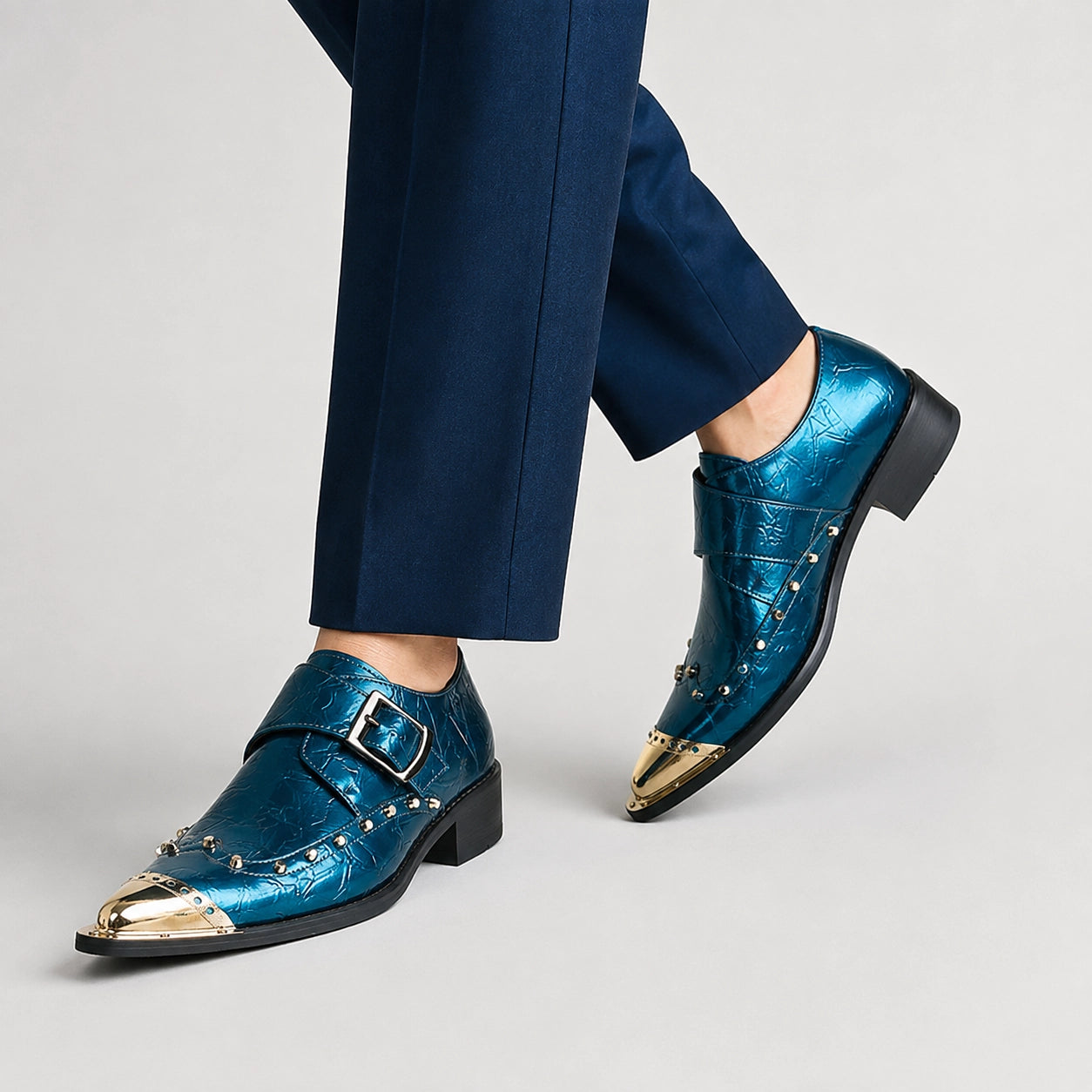 Brixton Leather Monk Strap Loafers — Blue-green (studio with model)