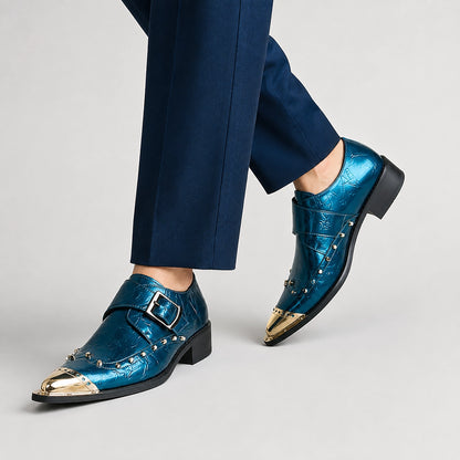 Brixton Leather Monk Strap Loafers — Blue-green (studio with model)