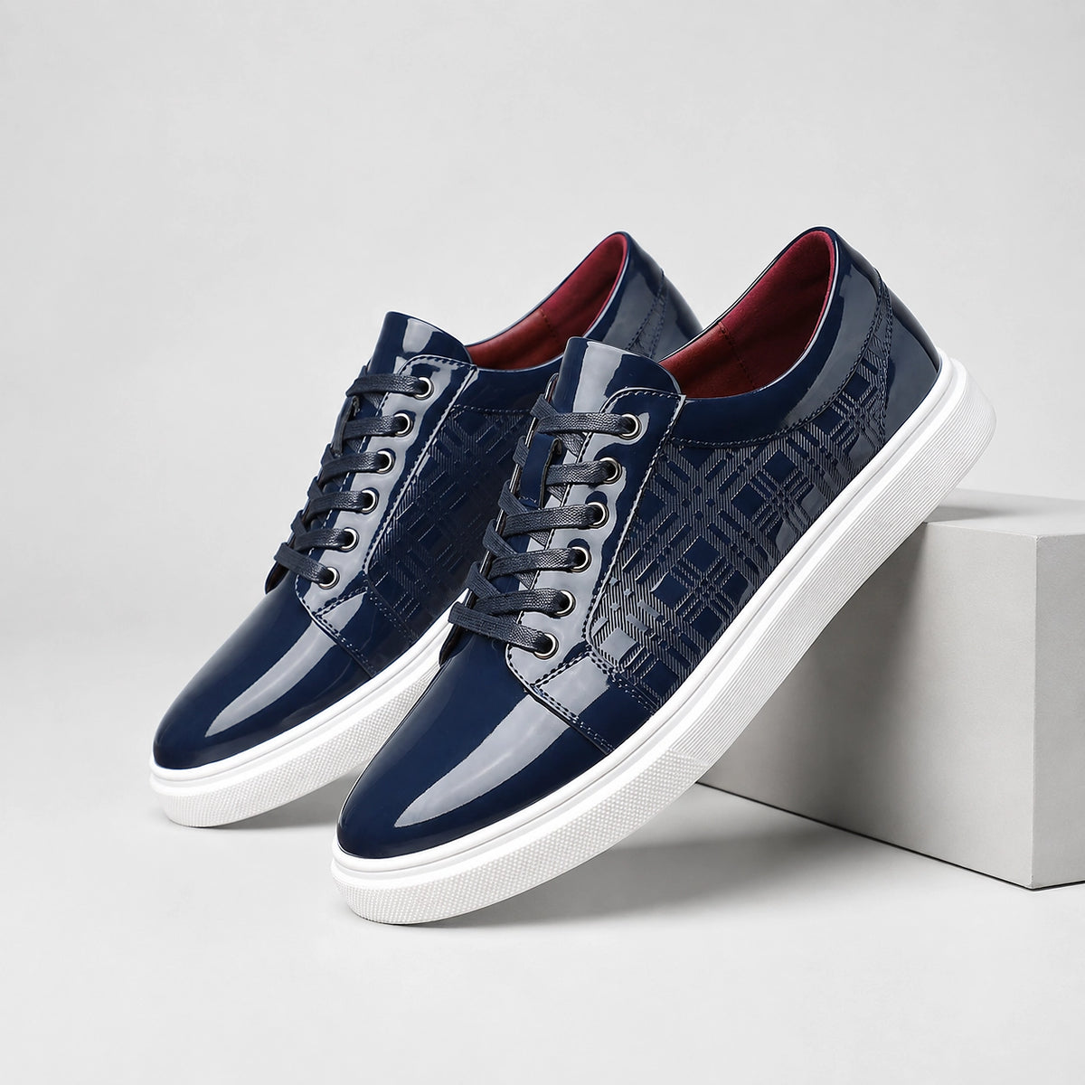 Halvon Leather Lace-Up Sneakers — Blue (mens shoe pedestal)