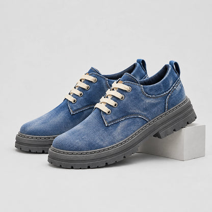 Harlow Denim Derby Shoes — Blue (mens shoe pedestal)