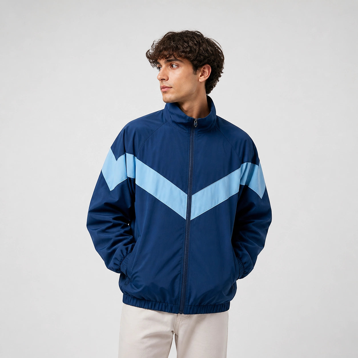 Dalton Colorblock Windbreaker Jacket — Blue (studio with model)