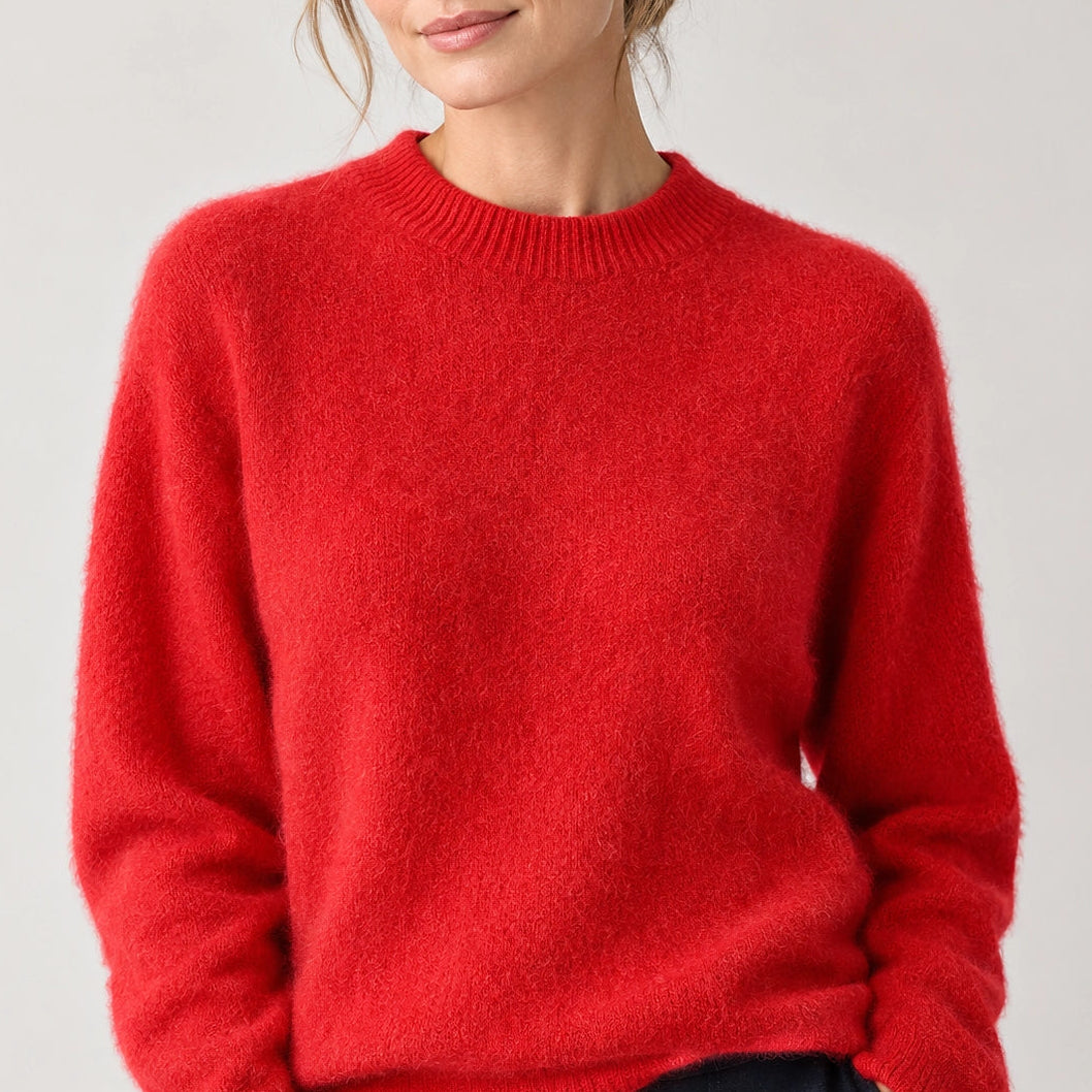 Beloru Cashmere Crewneck Sweater — Bright Red (apparel detail)