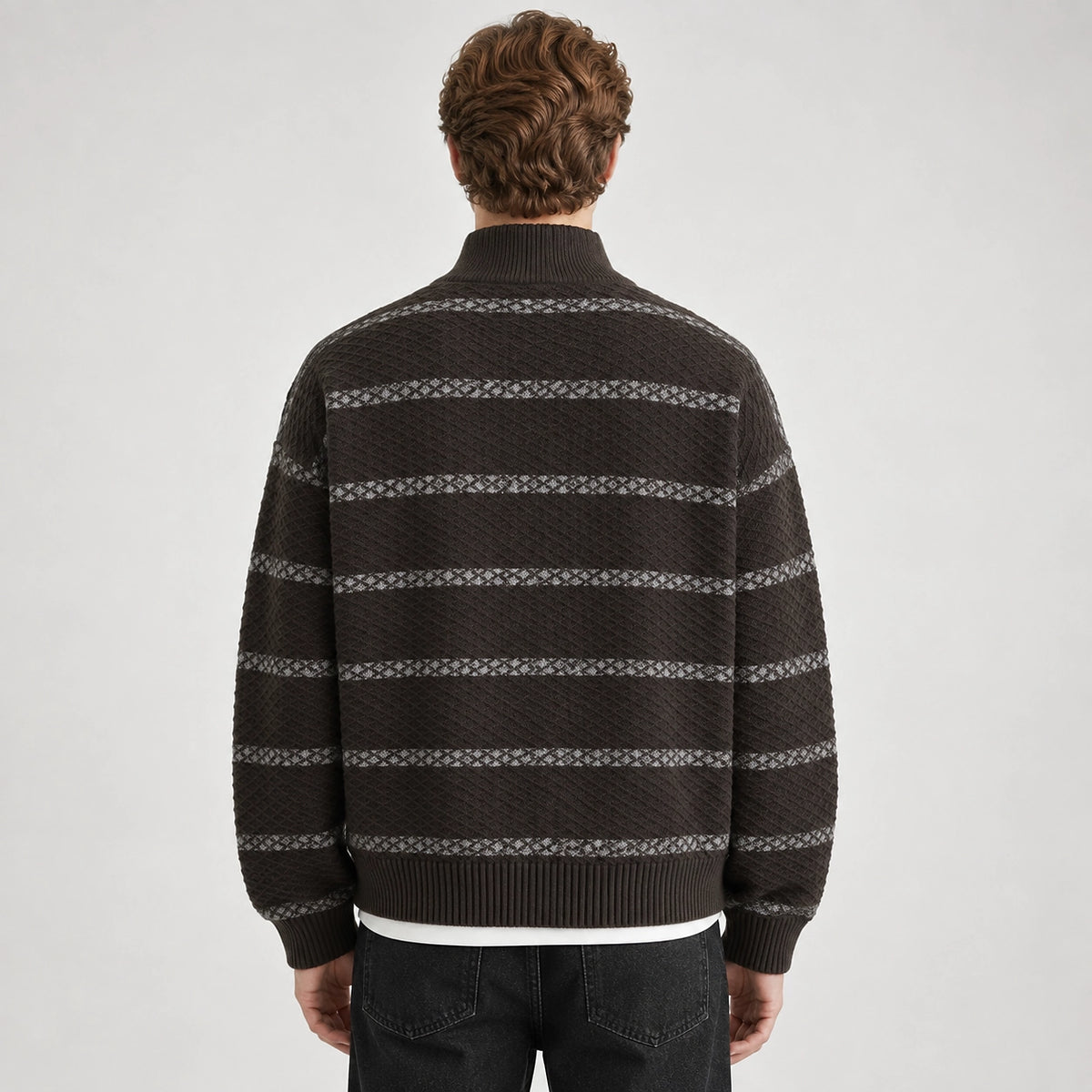 Drevon Striped Knit Cardigan — Brown (apparel back)