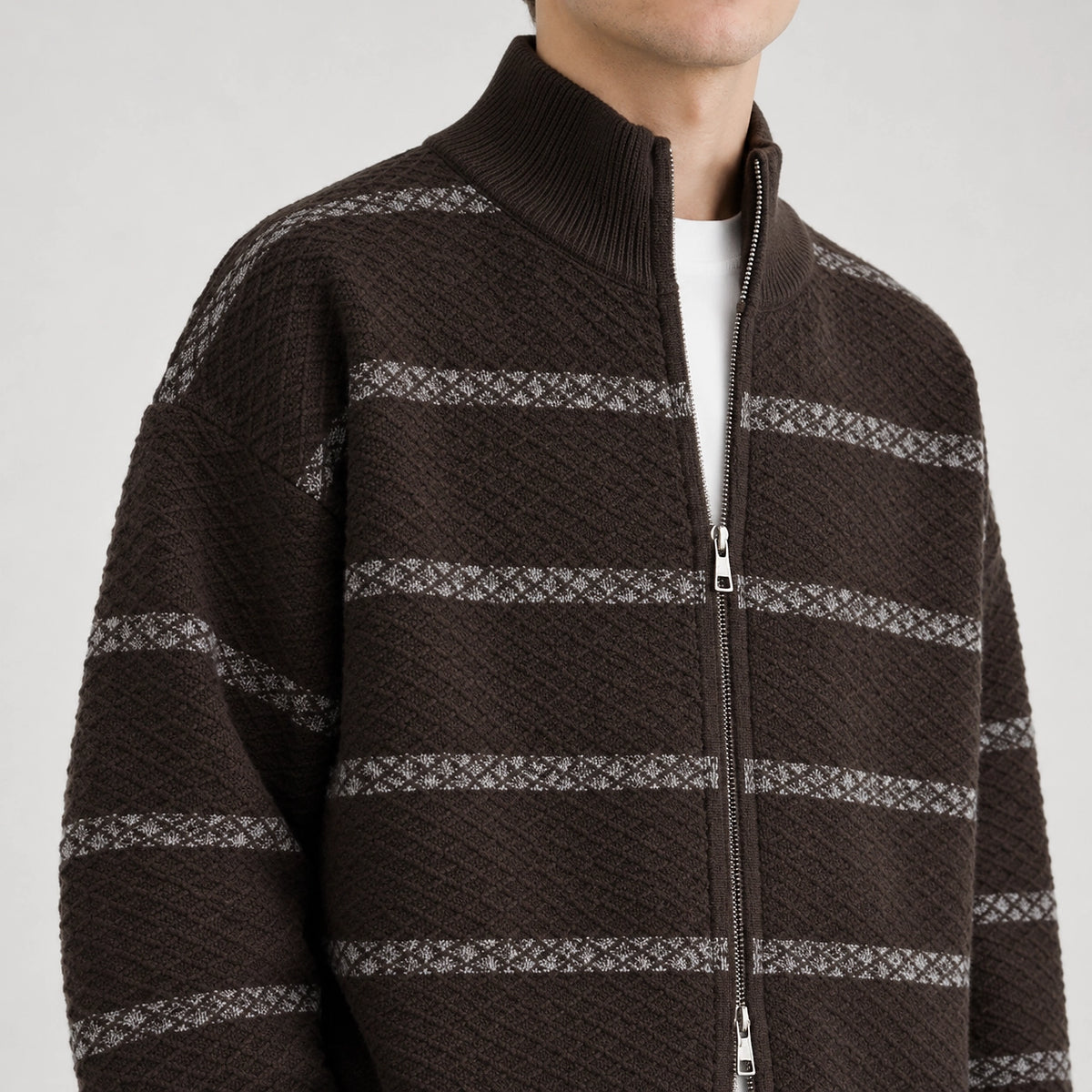 Drevon Striped Knit Cardigan — Brown (apparel detail)