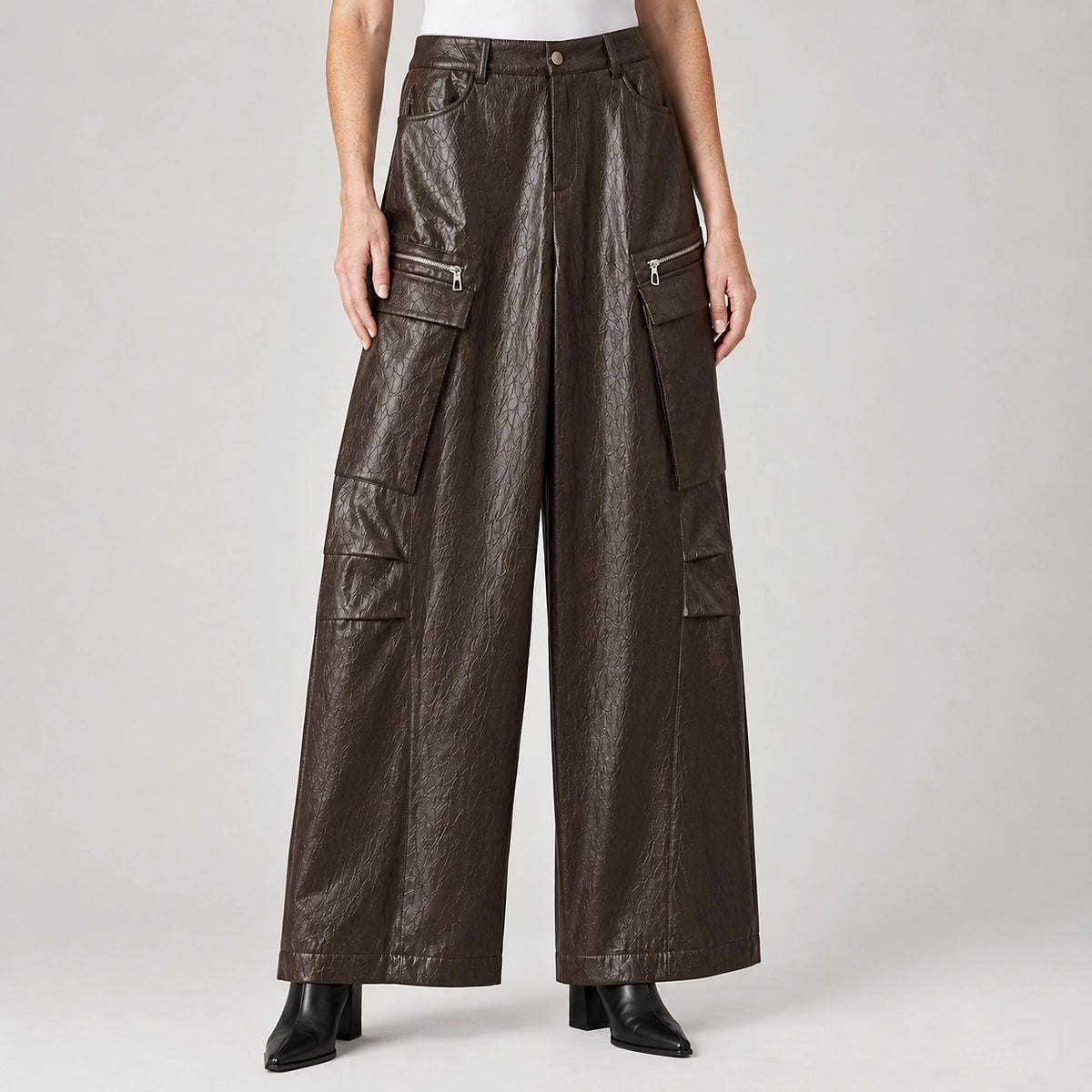 Brevel Leather Cargo Pants — Brown (apparel detail)