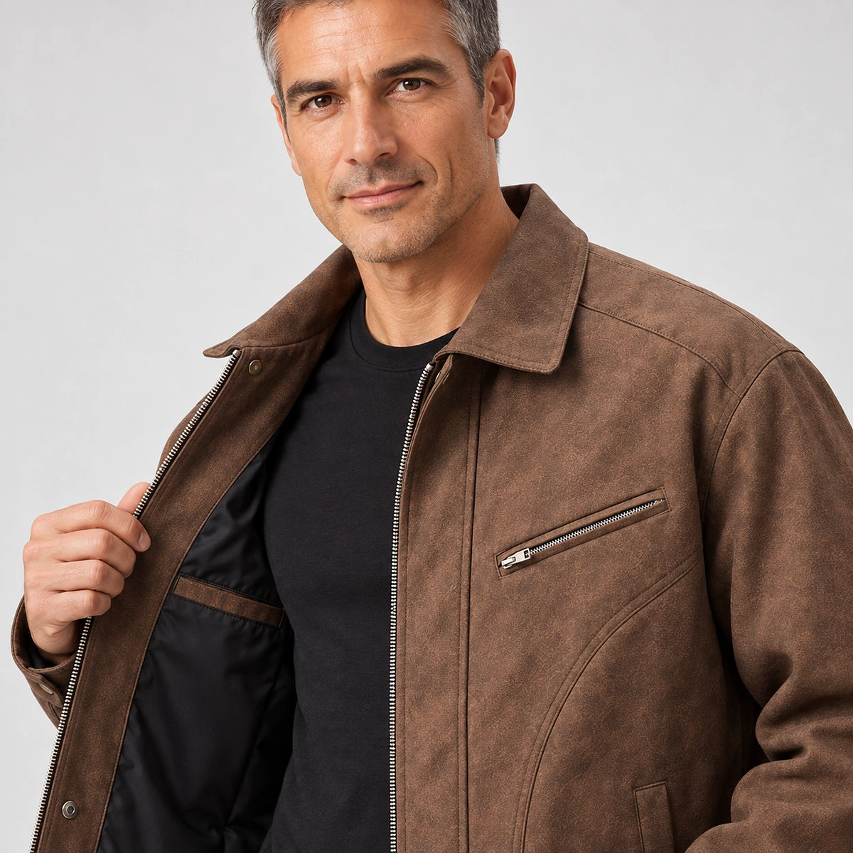Halvern Leather Bomber Jacket — Brown (apparel detail)