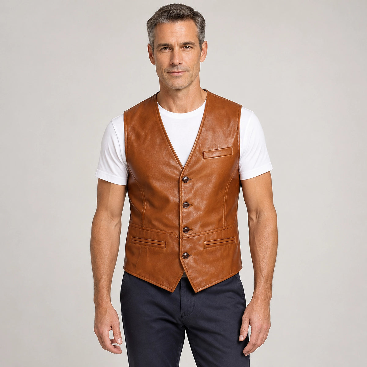 Darro Leather Vest — Brown (apparel front)