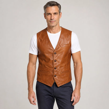 Darro Leather Vest — Brown (apparel front)