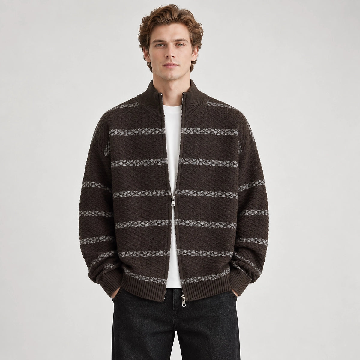 Drevon Striped Knit Cardigan — Brown (apparel front)