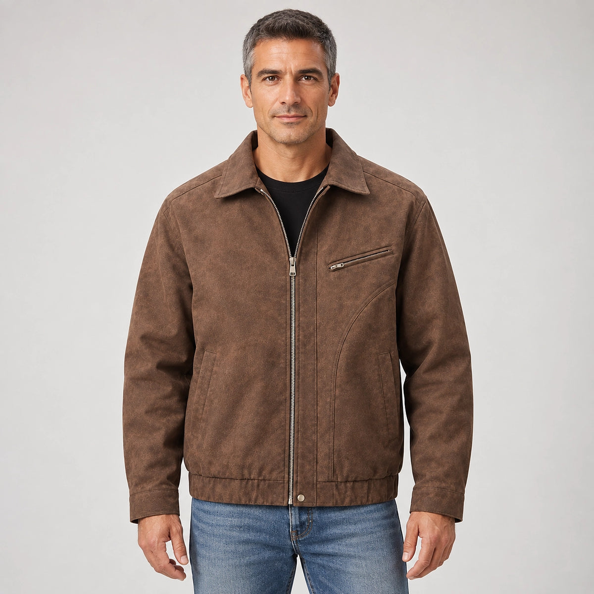 Halvern Leather Bomber Jacket — Brown (apparel front)
