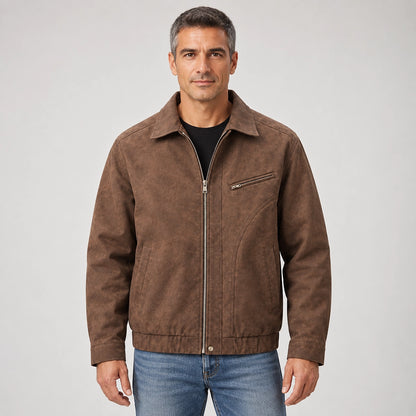 Halvern Leather Bomber Jacket — Brown (apparel front)