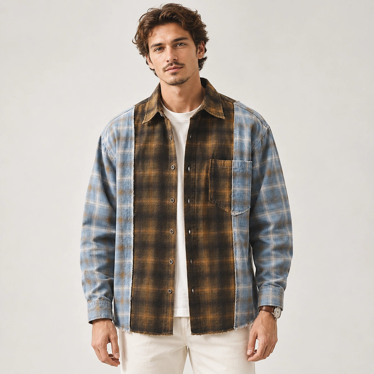 Halcott Cotton Patchwork Shirt — Brown (apparel front)