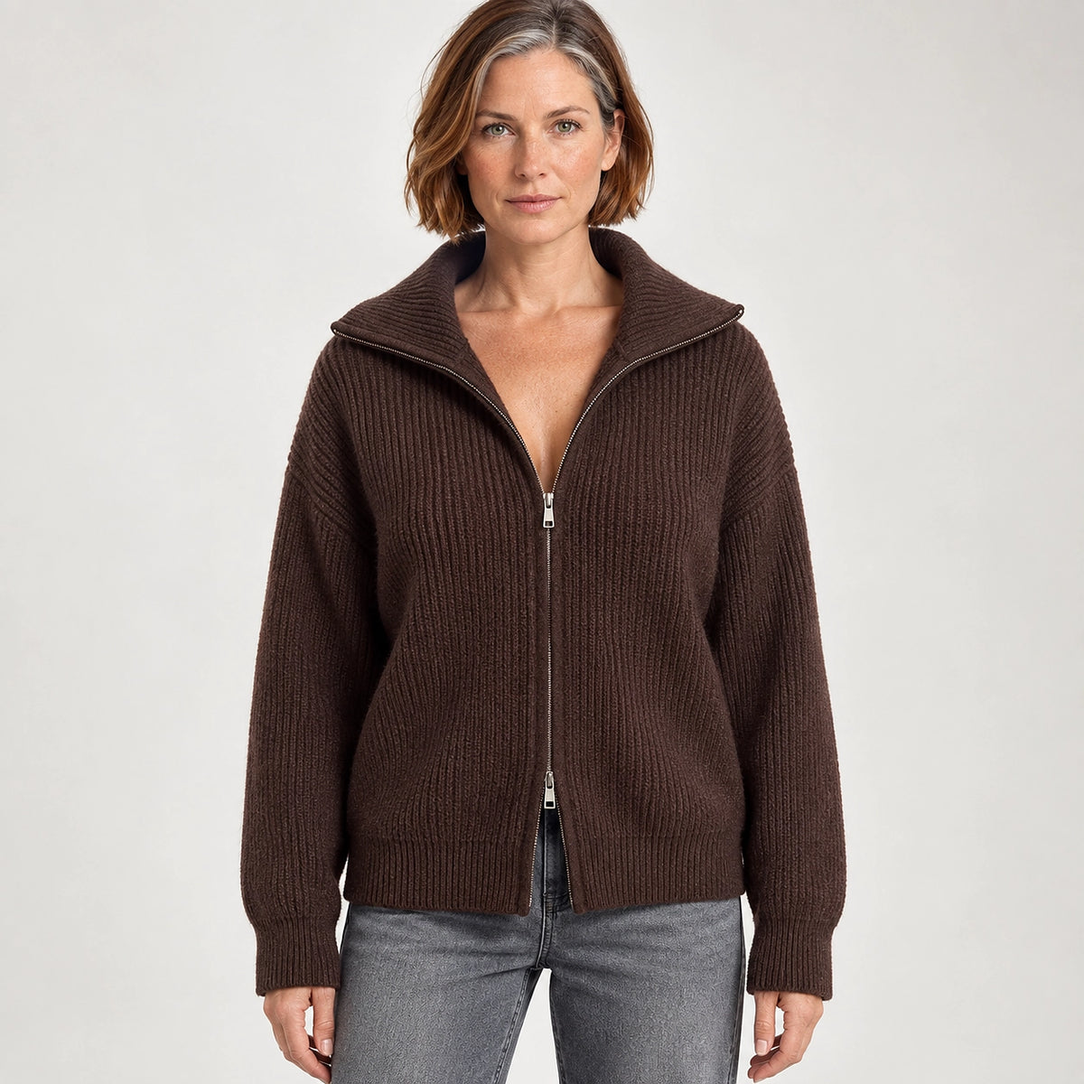 Pelara Ribbed Knit Cardigan — Brown (apparel front)
